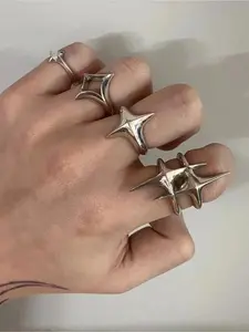 4 Pcs Trendy Star Open Ring Set for Men and Women, Fashion Party Vacation Street Style Creative Design Statement Rings, Unisex Jewelry Gift
