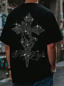 A Men's Fashion Street Style Black Crew Neck Short-Sleeve Streetwear T-Shirt, Adorned with Cross Bird & English Letter Rhinestone Decor, Versatile for Summer Daily, Casual, Street & Fashion Outfits