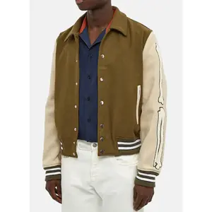 Mens Olive Green and Beige Bone Design Varsity Jacket