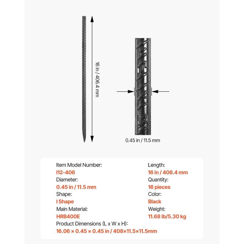 VEVOR Rebar Stakes, 16-Inch, Heavy-Duty 0.45 in Diameter, Straight Galvanized Steel Ground Anchors with Chisel Point End & Rust-Resistant Coating, for Gardening Support, Fence, Camping Tents (16-Pack)