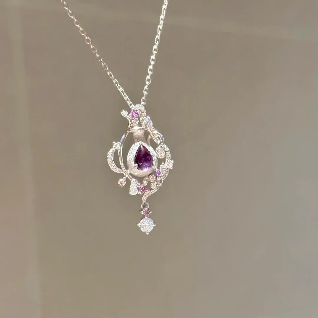 Women's Silver-Tone Purple Zircon Teardrop Crown Pendant Necklace, CZ Statement Jewelry, Fairycore Accessory for Wedding & Gift