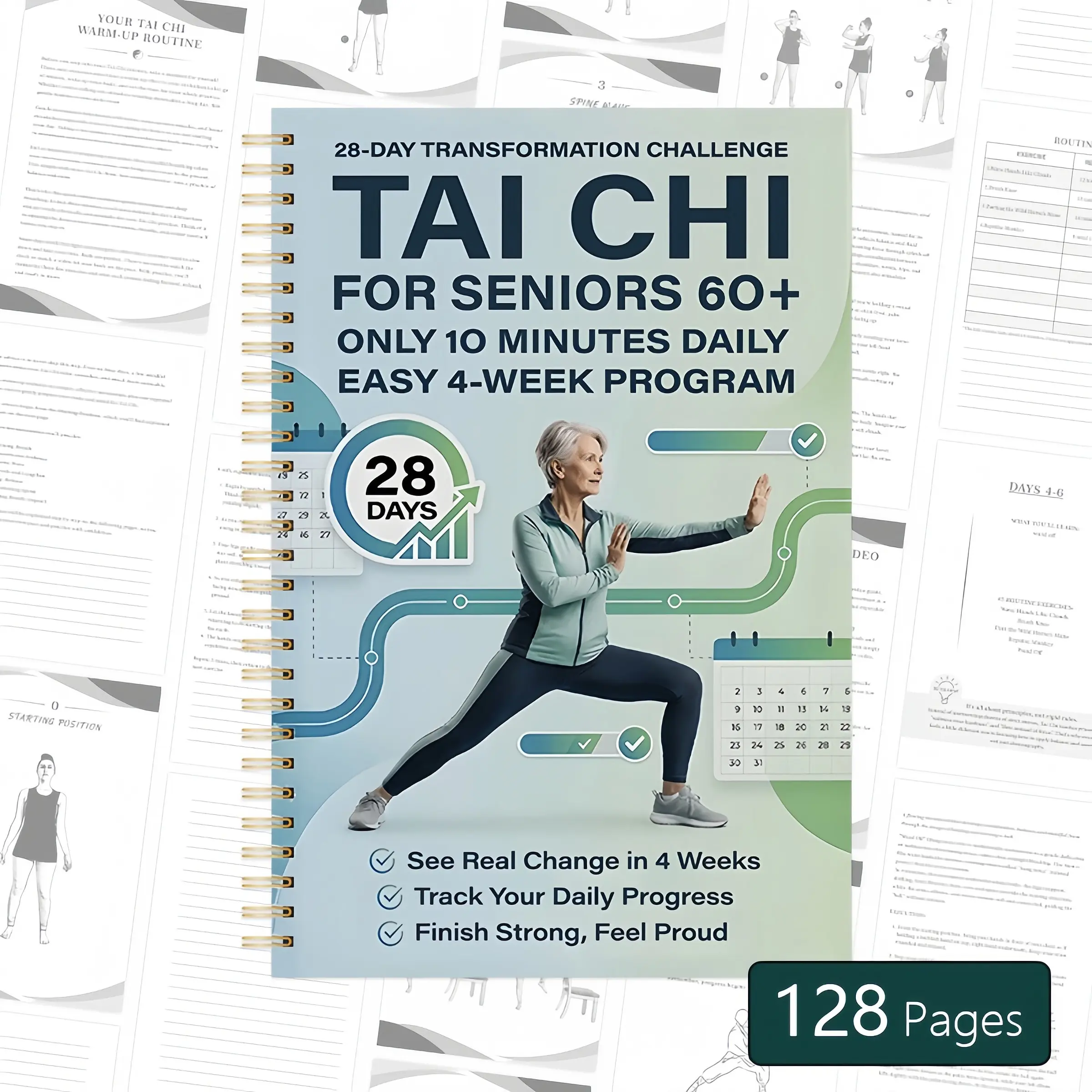 28-Day Senior Tai Chi Weight Loss Guide, Portable A5 Spiral Notebook, Guided Journal, Promotes Metabolism, Reduces Fat, No Dieting, No Running, No Knee Pain