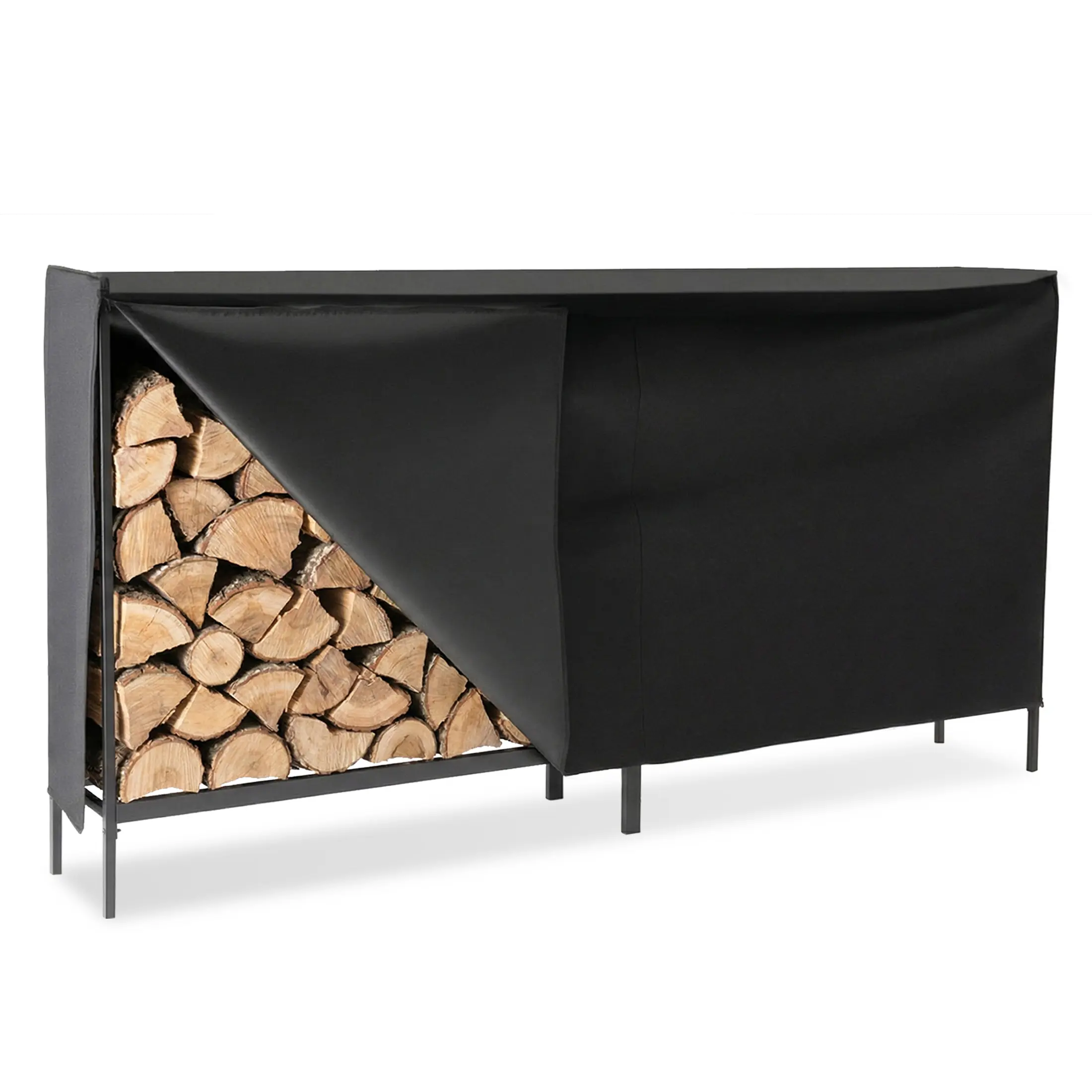 8 ft Black Firewood Rack with Waterproof Cover, Steel Log Holder for Patio and Garage