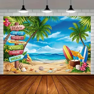 Tropical Hawaii Beach Theme 2D Flat Banner, Polyester Background, Multiple Sizes, Palm Tree Surfboard Sand Decor, Summer Party Photo Backdrop
