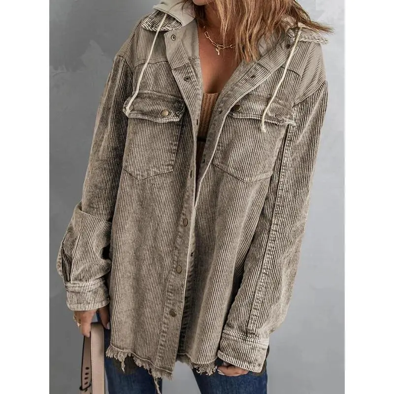 Autumn and Winter New Color Matching Button-up Hooded Corduroy Single-breasted Long-sleeved Jacket for Women Women's Long Sleeve Open Front Blazer Autumn and Winter New Color Matching Button-up Hooded Corduroy Single-breasted Long-sleeved Jacket for Women Women's Long Sleeve Open Front Blazer