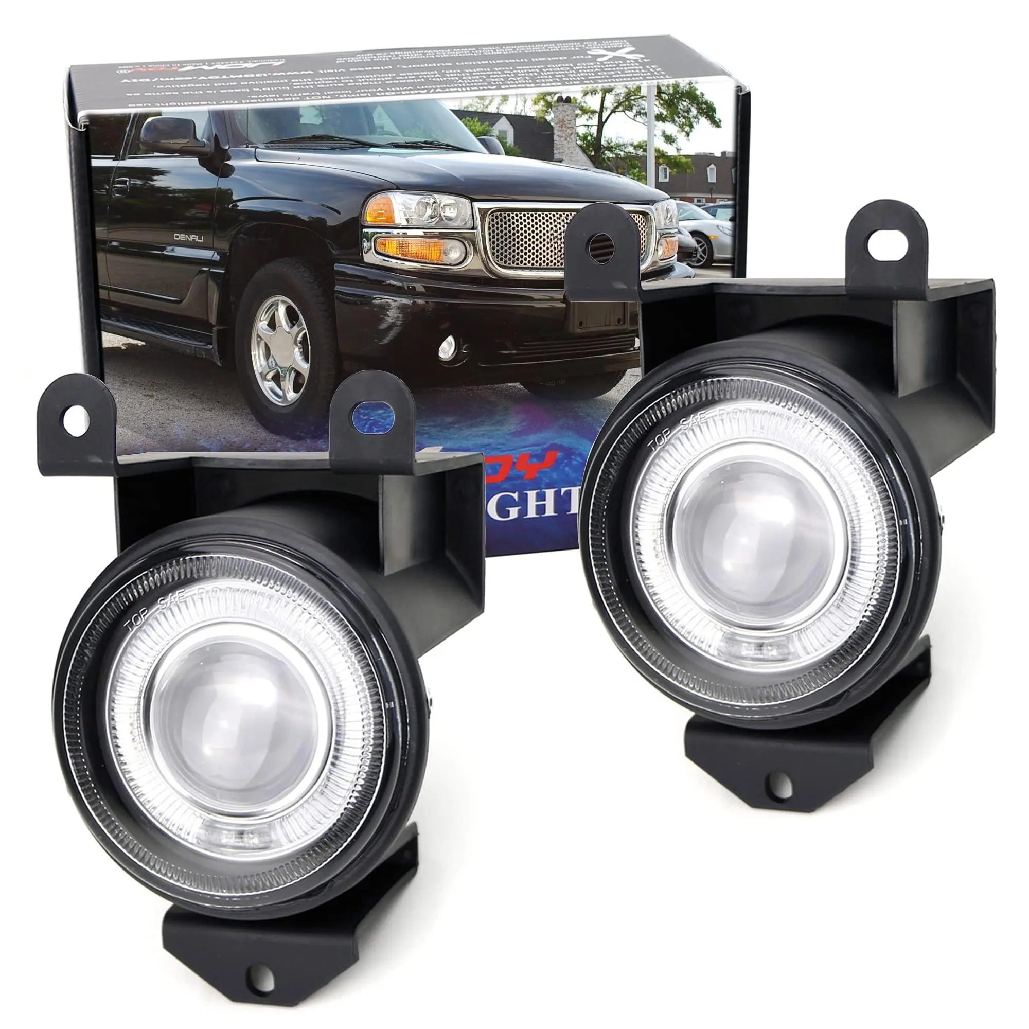 iJDMTOY Projector Fog Lights w/LED Halo Rings For 2001-2006 GMC Yukon Denali, 2002-2006 Sierra 1500 Denali
