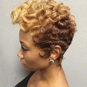 New Wholesale Hot 180% Density Short Curly Pixie Cut Wig with Bangs - Real Human Hair, Two-Tone Blonde & Brown, Glueless Loose Wave Style for Women, Perfect for Festivals & Casual Attire, Festival Hairpiece |   Tanglefree Hairpiece