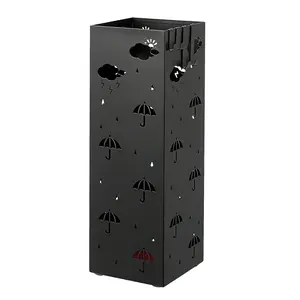 Square Metal Umbrella Stand for Entryway – Freestanding Cold-Rolled Steel Holder with Removable Drip Tray & 4 Hooks, Space-Saving Storage for Canes, Umbrellas, Size: 17.53x17.53x49.02cm, Color: Umbrella design