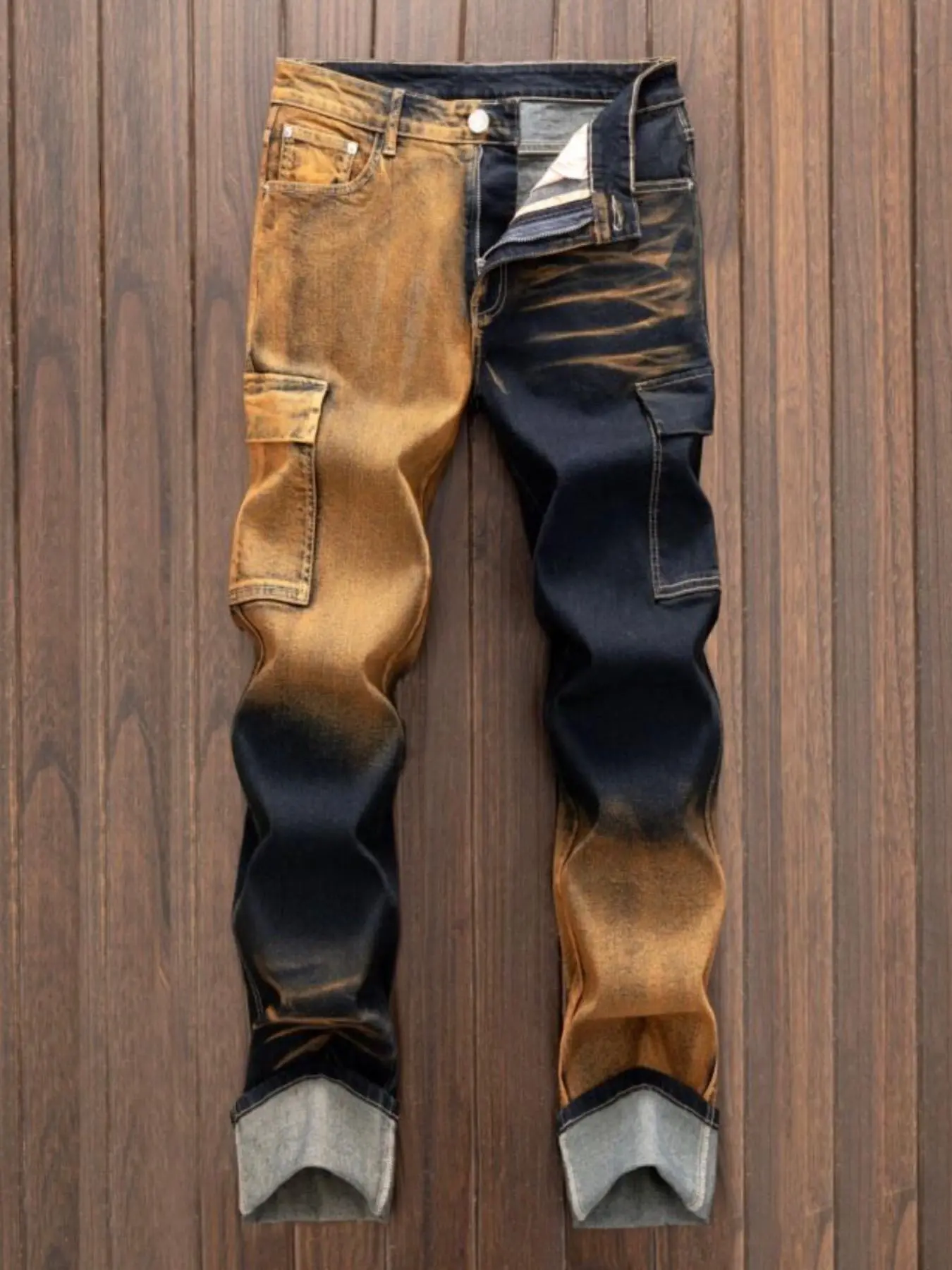 Men's Colorblock Denim Cargo Pocket Jeans, Cargos Jeans Regular Fit Casual Comfy Fashion Jeans for Daily Wear, Men's Bottoms for All Seasons