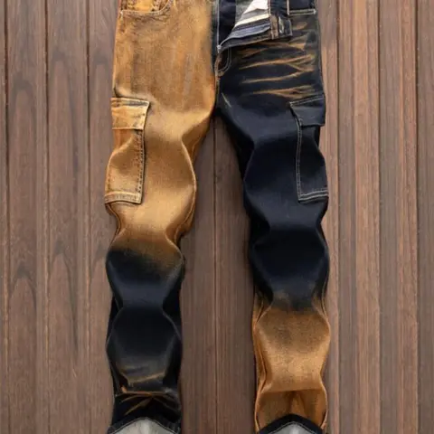Men's Colorblock Denim Cargo Pocket Jeans, Cargos Jeans Regular Fit Casual Comfy Fashion Jeans for Daily Wear, Men's Bottoms for All Seasons