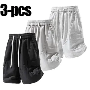 3pcs Men's Casual Shorts, Summer Cotton Blend Loose Streetwear Cargo Shorts with Big Pockets