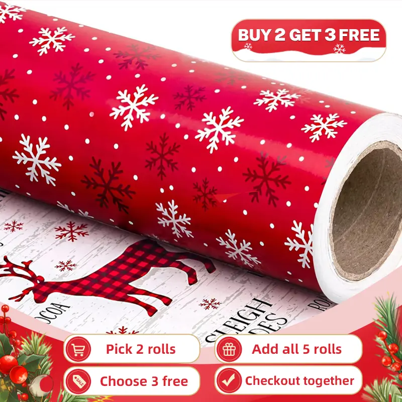 【Buy 2 Get 3 Free】WRAPAHOLIC Vintage & Classic Christmas Wrapping Paper Roll, Reversible Holiday Gift Wrap with Santa, Christmas Tree & Festive Patterns for Holiday Gifts, Party Celebration & Family Christmas,17 Inch x 33 or 16.5  Feet