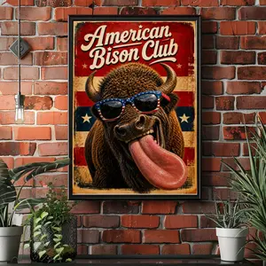 American Bison Club Poster, Funny Buffalo Wall Art, Retro Americana Print, Patriotic Western Decor, Bison Lover Gift( Unframed - Print Only )