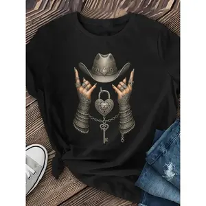 Stylish Women's Cowboy Graphic Tee with Metallic Accents for Western Music Festivals Comfortable Maroon Casual Top with Stretch and Machine Washability