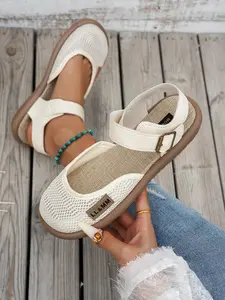 Women's Casual Mesh Strap Flat Breathable Open Toe Sandals, Linen Style Minimalist Design, Fashion Metal Buckle Flat Sole, Comfortable Summer Shoes