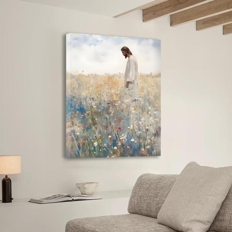 Framed Jesus Leaves the 99 Christian Canvas Wall Art Inspirational Painting of Jesus in Autumn Wildflowers Religious Faith Art Picture Print Christian Décor for Home Living Room and Church12x16in Decor Ornaments