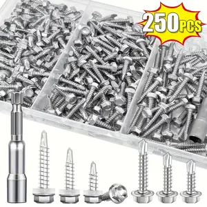 250Pcs #8 Stainless Steel Self-Tapping Screws Assortment Kit Round Head Hex Screws with Nuts Washers and Hex Wrench 1/2" 3/4" 1" for Wood Metal and Furniture
