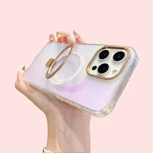 Translucent Laser Magnetic Phone Case with Round Stand - Anti-Fingerprint Protective Cover for iPhone 17 Pro Max, 16 Pro Max, 15 Series