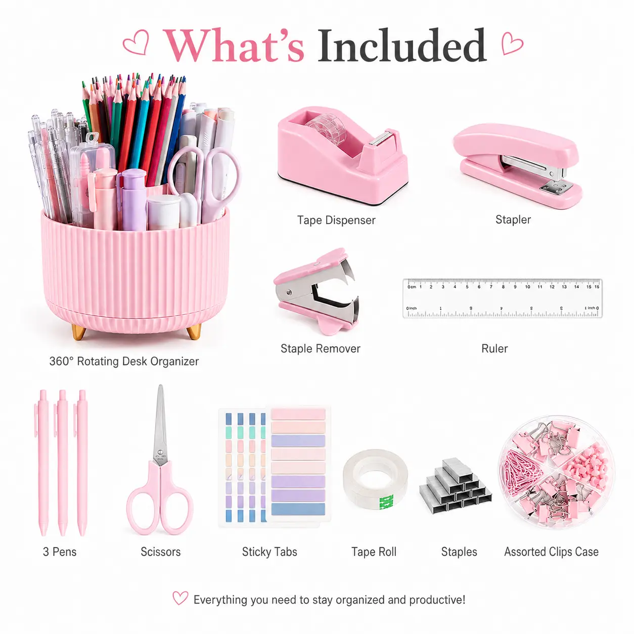 360° Rotatable Cute Desk Organizer Set - Pen Holder, Stapler, Scissors, Paper Clips, Sticky Notes Office Supplies - Aesthetic Stationery That Organizes Tools for Home, School Use, Rotates 360°