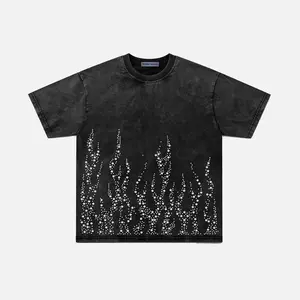 Aelfric Eden Rhinestone Flame Tee Oversized Boxy Fit Rhinestone Flame Graphic Acid Wash Finish Heavyweight Fabric Punk Streetwear Unisex Top