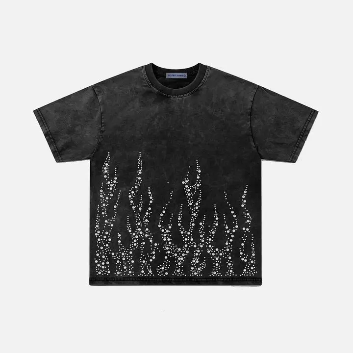 AELFRIC EDEN Unisex T-shirt with Rhinestone Flame Graphic, Vintage Wash Heavyweight Cotton, Casual Loose Fit Shortsleeve Streetwear Top, Tshirt