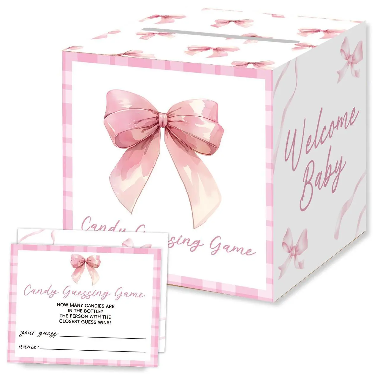 51 Pieces Diaper Raffle Tickets with Card Box Baby Shower Decorations Baby Shower Holder Box for Girl Boy Diaper Raffle Party(Pink Bow Style)