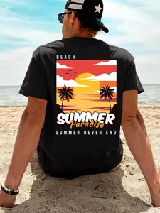 Short Sleeve Crew Neck Casual Style Summer BEACH SUMMER Paradise SUMMER NEVER END Print Beach Vacation
