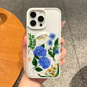 Magnetic TPU Smartphone Casing, Aesthetic Blue Hydrangea Tech Accessory with Magnetic Closure for iPhone 16 Pro Max,15 Plus,14,13,12,11,XS,XR - Shockproof, Lightweight, Scratch-Resistant, Waterproof, Girly Phone Accessories for Protection