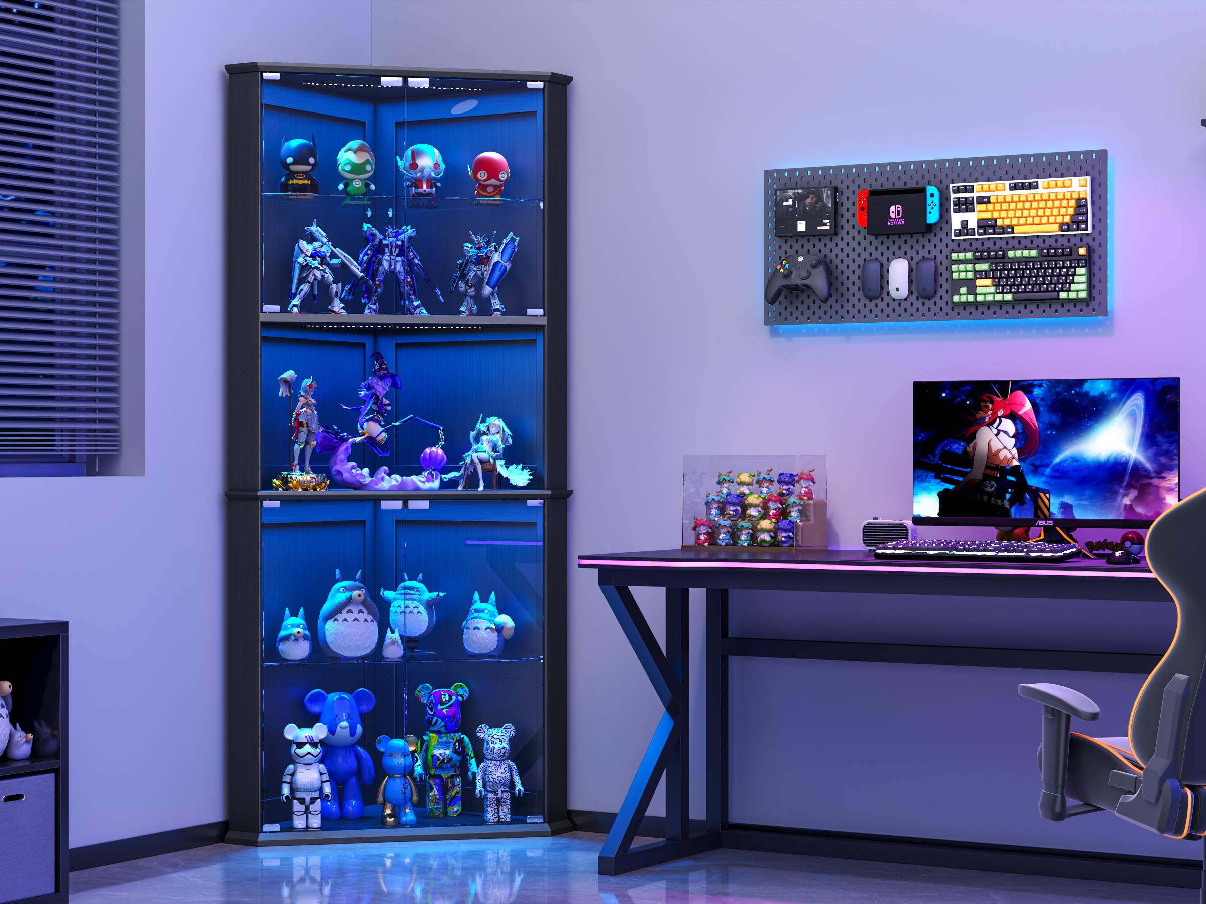 kepptory 71.8" Corner Display Cabinet with LED Lights, 6-Tier Tall Curio Cabinet with Adjustable Glass Shelves&Glass Door, Wine Cabinet for Living Room, Home Bar