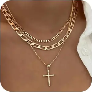 for Women,Stackable Stacked Stacking Layering Layered Necklaces Dainty Gold Necklace Paperclip Box Flat Mariner Chain Necklace Cross Pendant CZ Diamond Simple Jewelry Gift