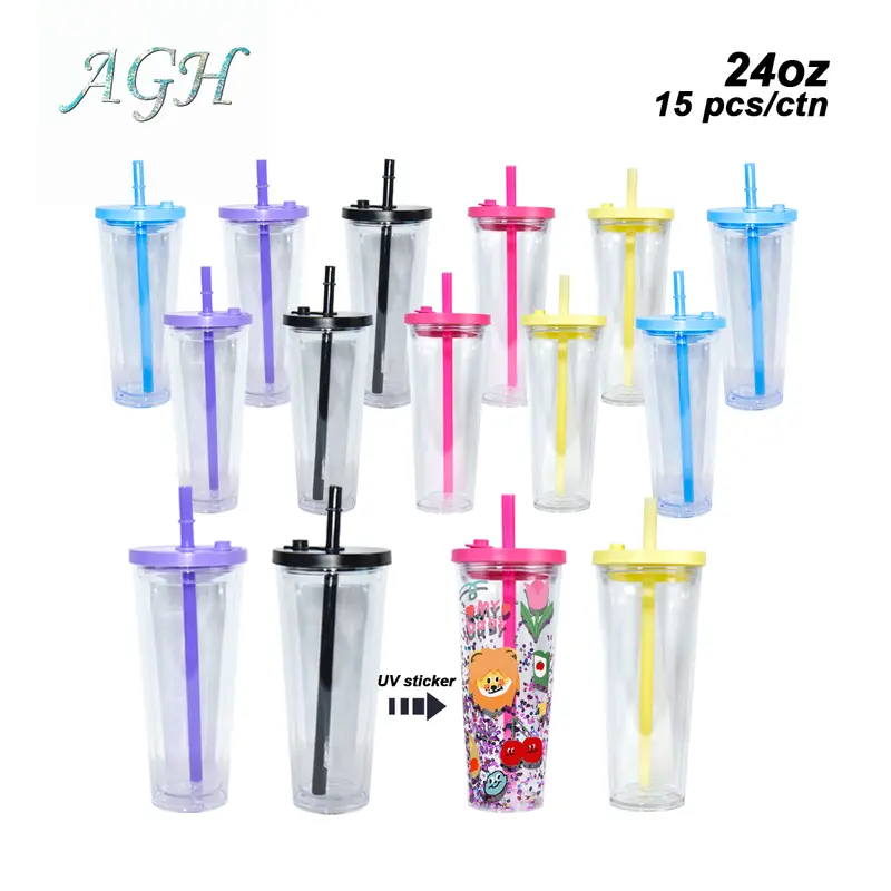 AGH US Exclusive 24OZ Plastic Leak-proof Snow Globe Double wall acrylic tumbler cups with Color mixed lids and bubble tea straws 15pcs/carton