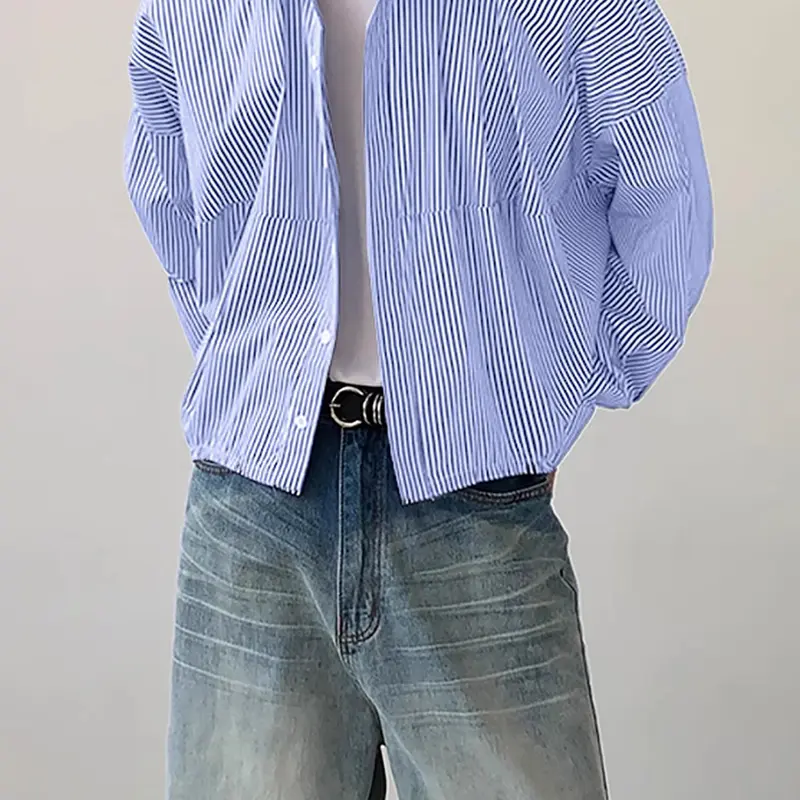 Men's Striped Print Long Sleeve High Stretch Loose Casual Comfy Drop Shoulder Button Front Collared Top for All Seasons, Fashion Men's Clothes for Daily Wear, Button Down Shirts, Long Sleeved