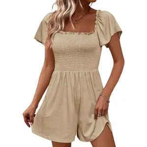 Imily Bela Womens Summer Smocked Romper Ruffle Sleeve Square Neck Flowy Short Jumpsuit Beach Vacation Outfits