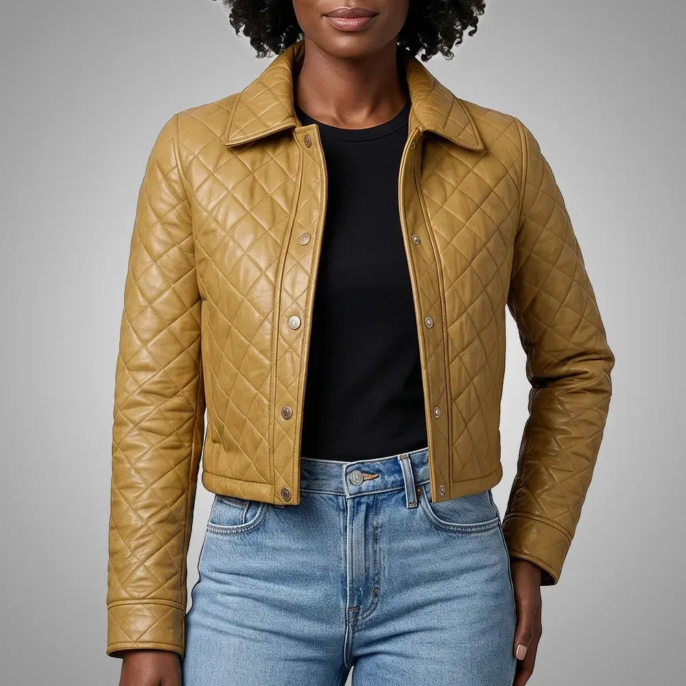 Women's Cropped Quilted Lambskin Leather Jacket - Dark Beige
