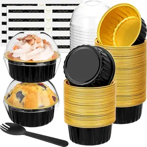 Mini Cake Pans with Lids and Spoons Round Disposable Ramekins Sturdy Aluminum Foil Cupcake Liners with Lids for Dessert and Party