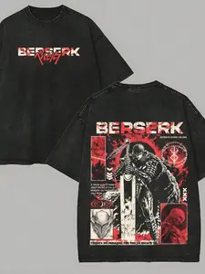 Retro Washed Berserk Brand of Sacrifice & Guts T-Shirt, Double-Sided Anime Print Unisex Streetwear Tee, Loose Fit Casual Short Sleeve for Men & Women