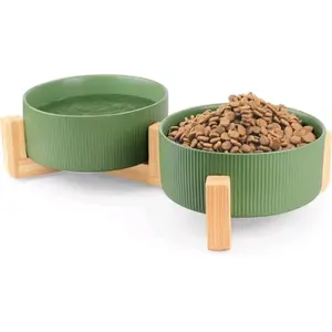Ceramic Pet Bowl Set, 2 Counts/set Including 1 Count Bowl & 1 Count Wooden Base, Pet Feeding Bowl, Pet Feeding Supplies for Small, Medium & Large Dogs