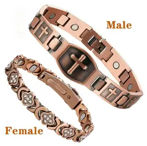 Wedding Anniversary Gift - Couple's Pure Copper Magnetic Bracelets, Men's Cross & Women's Lucky Flower Design, Healthy Jewelry with Adjustment Tool