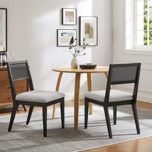 Nimba Faux Rattan Fabric Dining Chairs Set of 2 in Heathered Weave Light Gray