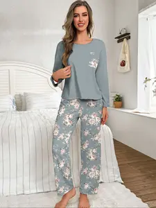 Women's Floral Print Soft Knit Pajama Set, Long Sleeve Round Neck Top & Elastic Waist Pants, Comfortable Fashion Sleepwear & Loungewear for Home Use
