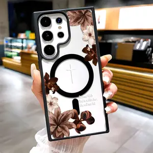 Vintage Floral Aesthetics Clear Magnetic Phone Case, Compatible with MagSafe Silicone Bumper Protective Cover For Samsung S25 S24 S23 S22 Ultra Plus FE Christian Psalms 46:5 Cross