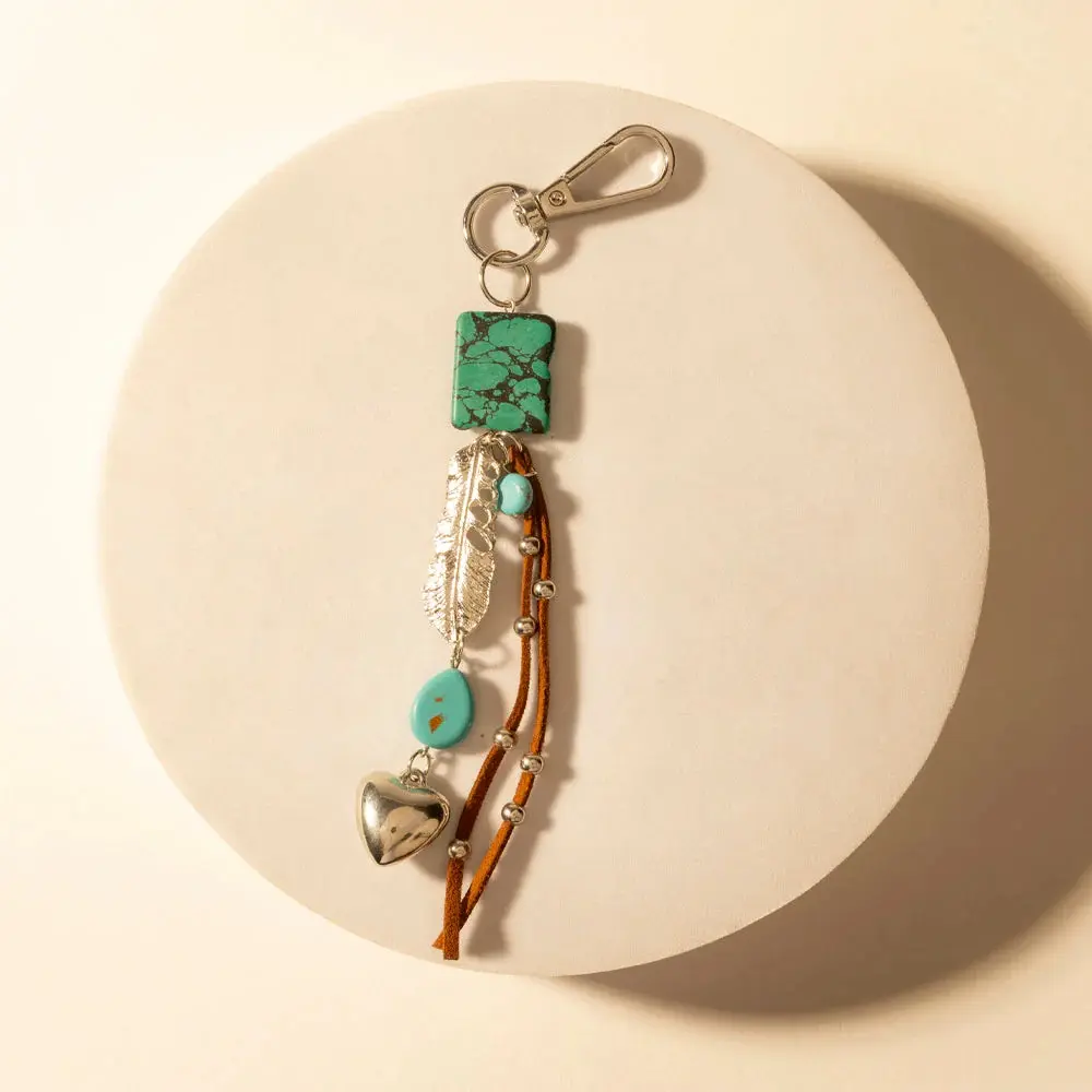Handmade Mixed Media Keychain, 7.0 to 12.9 in Acrylic Longhorn Charm with Clay and Iron Accents, Boho Statement Bag Accessory