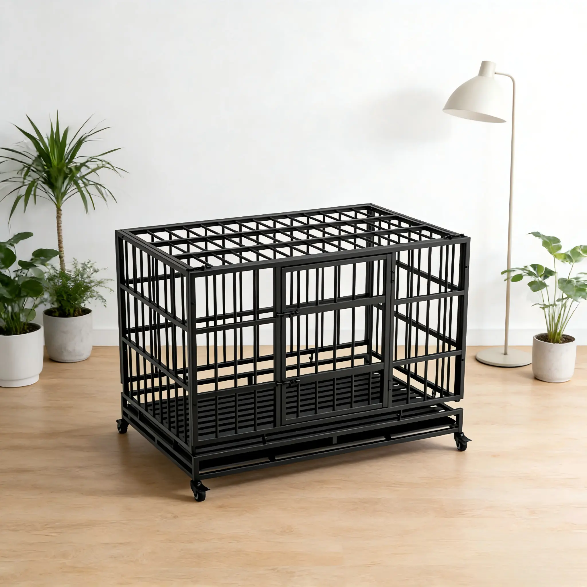 Black Heavy Duty Dog Crate 48in, Indestructible Folding Metal Cage with Wheels & Removable Tray, Big Dog Kennel for Large Medium Dogs