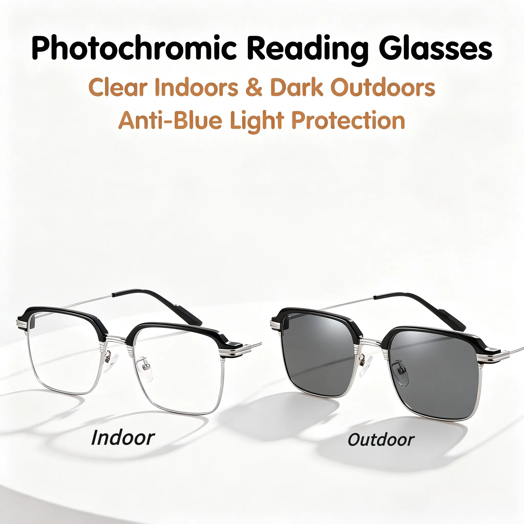 2-in-1 Auto Focus Photochromic Reading Glasses Auto Tint Under Sun Blue Light Blocking Anti Glare Progressive No-Line Multifocal Readers Clear Dual Vision Lightweight Spectacles Daily Office Eye Care Gift For Adult Men Women Parents