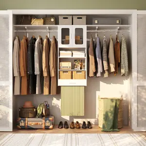 73''-96'' W Walk-in Closet Organizer with Door Cabinet and Hanging Rods for Laundry Room,Wall-Mounted Closet System with Storage Shelves and Drawer