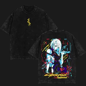 Menswear Cyberpunk Lucy Anime Graphic T-Shirt, Aesthetic Distressed Vintage Washed Heavyweight Cotton Oversized Round Neck Short-Sleeve Double Printed Unisex Streetwear
