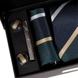 Men's Tie Gift Set – Tie, Cufflinks, Handkerchief & Clip | Emerald Green Stripes