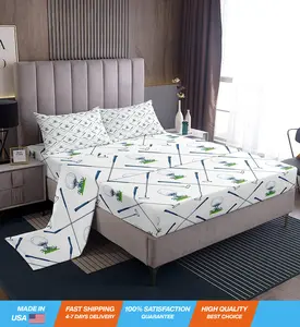 Golf Bed Sheets Queen Size Golf Club Sheet Set Sport Game Athlete Grass Leaf Branches Bedding Set for Men, Room Decorative Fitted Sheet, White Green Blue Flat Sheet