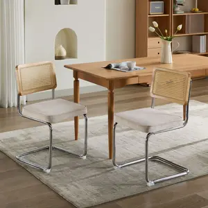 Toauuo 2-Pack Mid Century Modern Dining Chairs, Velvet Accent Chairs with Handwoven Cane Back, Stainless Chrome Base, 360LBS Breuer Cantilever Rattan Chairs for Kitchen Dining Room