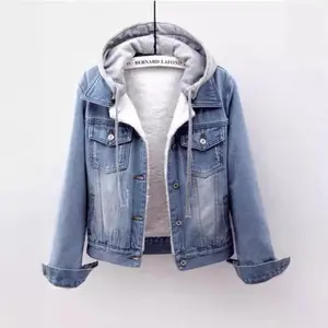 Women Denim Cost Hooded Single Breasted Button Jackets Patchwork Outerwear Cardigan Pockets High Street Warm Solid  Casual loose denim jacket
